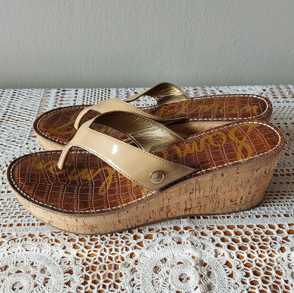 Sam Edelman Women Sandals Size 10 Romy Patent Leather Thong Comfort Wedge Heel - Picture 9 of 13